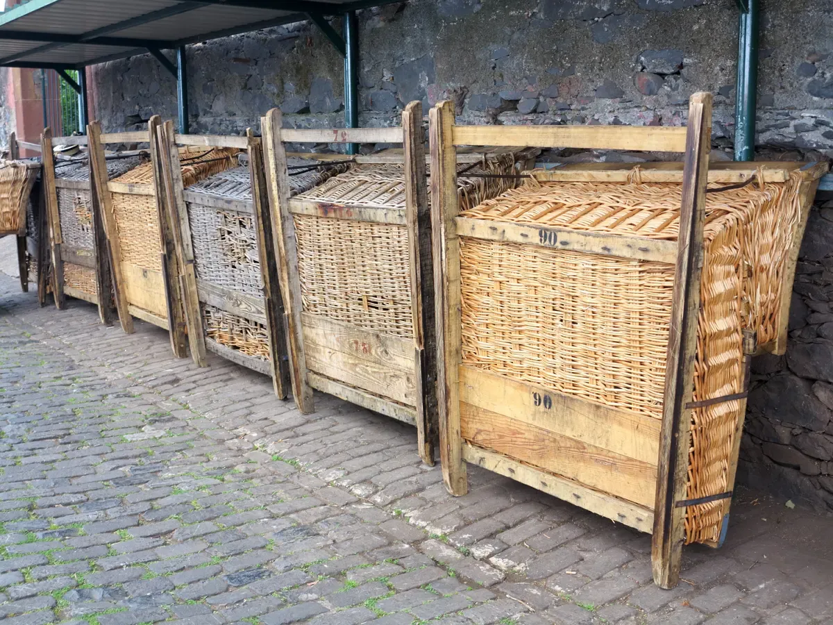 Numbered wicker toboggan sledges stored in a row at Monte, Funchal, Madeira
