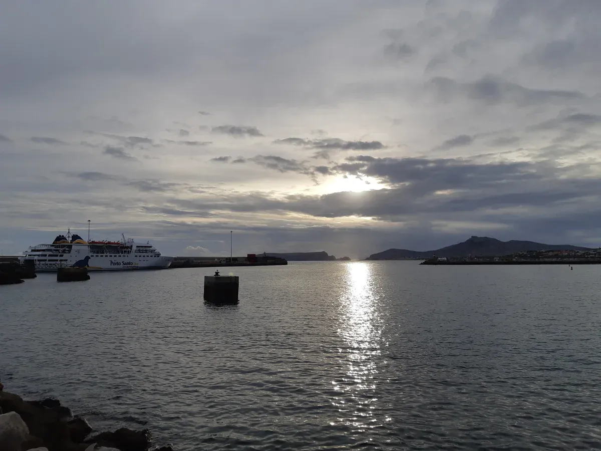 The Lobo Marinho ferry docked at sunset before the crossing from Funchal, Madeira to Porto Santo