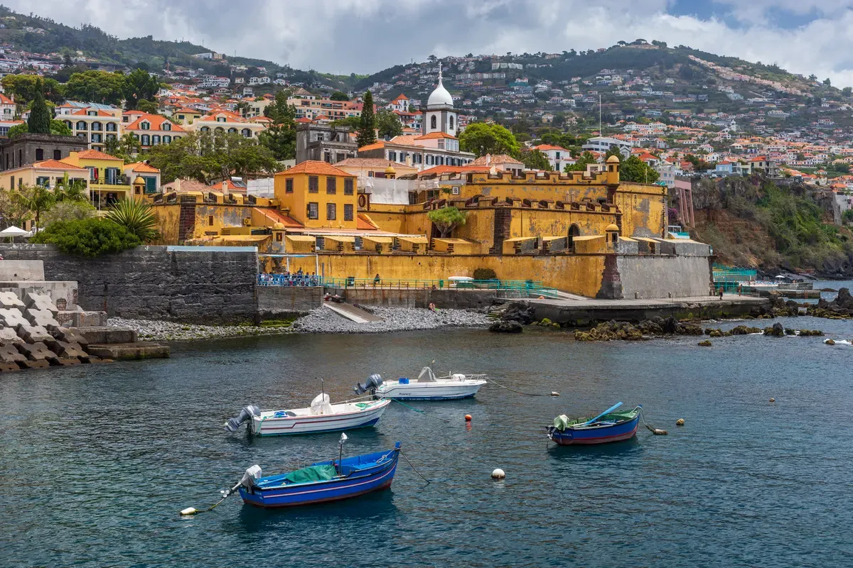 The Forte de São Tiago and Praia de São Tiago free beach seen from the old town in Funchal, Portugal